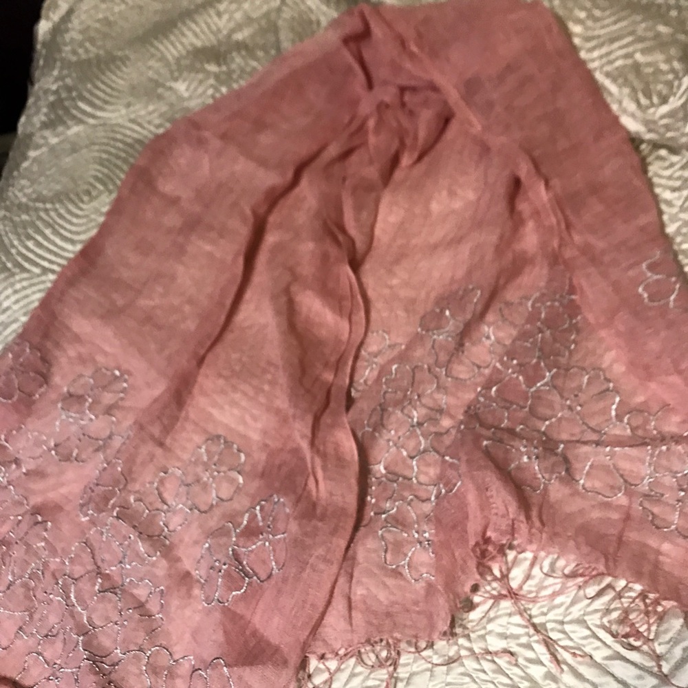 Sheer pink silver embroidered natural linen fairy scarf
